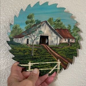 Vintage Hand-Painted Saw Blade with Farmhouse Scene